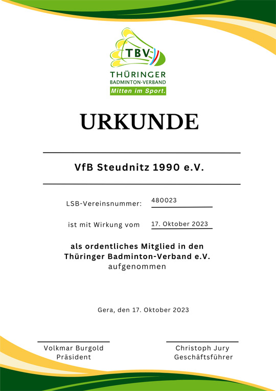 Aufnahmeurkunde VfB Steudnitz Aufnahmeurkunde VfB Steudnitz